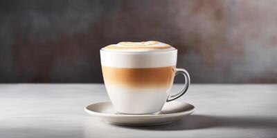 ai gegenereerd heet latte in glas kop Aan een tafel. cappuccino mok met melk schuim. romig aromatisch ontbijt drankje. detailopname cafeïne drank. foto