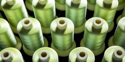 ai gegenereerd rijen van levendig groen draad spoelen. spoel garen, textiel industrie. generatief ai foto