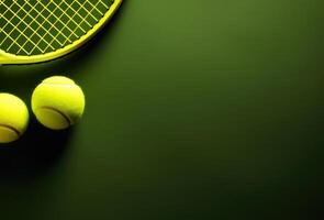 ai gegenereerd twee tennis ballen en tennis racket samenstelling. sport groen achtergrond met kopiëren ruimte. gezond levensstijl foto