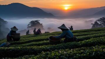 ai gegenereerd Aziatisch Dames verzamelen thee bladeren in groot rieten manden foto