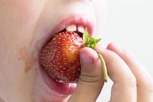 Mens eet aardbeien. BES in de mond. klein kind of baby aan het eten rood kleur BES van aardbei foto