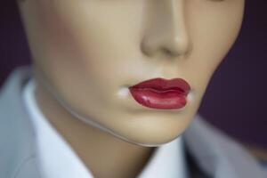 mannequin vrouw gezicht met rood lippen dichtbij omhoog. foto