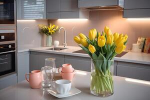 ai gegenereerd voorjaar interieur van een modern keuken met boeketten van bloemen - voorjaar tijd, voorjaar humeur. ai gegenereerd foto