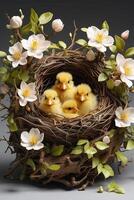 ai gegenereerd schattig pluizig geel kuikens in een voorjaar bloeiend nest van twijgen en bloemen Aan een solide achtergrond. voorjaar kaart, voorjaar tijd, kinderen, jeugd. ai gegenereerd foto
