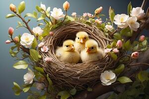 ai gegenereerd schattig pluizig geel kuikens in een voorjaar bloeiend nest van twijgen en bloemen Aan een solide achtergrond. voorjaar kaart, voorjaar tijd, kinderen, jeugd. ai gegenereerd foto