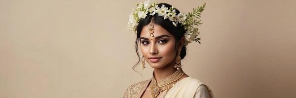 ai gegenereerd een jong brunette Indisch vrouw met een kapsel van voorjaar bloemen in haar haar- Aan een solide achtergrond. vrouwelijk schoonheid portret, verzinnen, kapsel, stilist, vrouwelijk energie foto