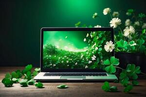 ai gegenereerd laptop met een groen Klaver Aan de toezicht houden op in een magisch decor voor st. Patrick dag. seizoensgebonden afgelegen werk, internetten, een vakantie kaart, winkelen, geluk, groen huis. ai gegenereerd foto