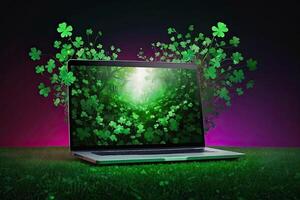 ai gegenereerd laptop met een groen Klaver Aan de toezicht houden op in een magisch decor voor st. Patrick dag. seizoensgebonden afgelegen werk, internetten, een vakantie kaart, winkelen, geluk, groen huis. ai gegenereerd foto