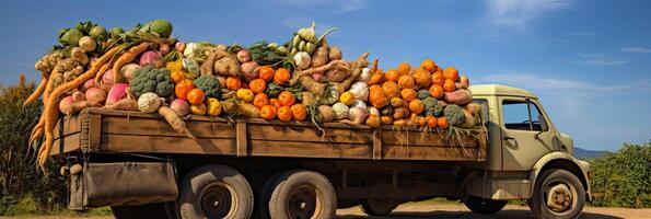 ai gegenereerd oud vrachtauto met een herfst oogst van groenten en kruiden Aan een plantage - een oogst festival, een langs de weg markt verkoop natuurlijk milieuvriendelijk boerderij producten. ai gegenereerd foto