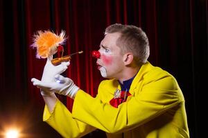 circus clown presteert nummer. een Mens in een clown kleding met een speelgoed- foto