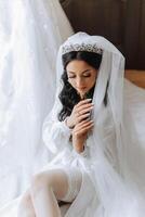mooi bruid in een dressing japon in de ochtend- voordat de bruiloft ceremonie. ongelooflijk kapsel van de bruid. natuurlijk en modern verzinnen. portret van een jong bruid in een dressing gewaad. foto