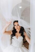 portret van de bruid in de hotel kamer. een mooi jong meisje is gekleed in een wit bruiloft jurk. modern bruiloft kapsel. natuurlijk verzinnen. foto