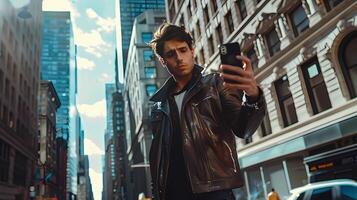 ai gegenereerd een koel en elegant Amerikaans model- duurt in adembenemend nieuw york oriëntatiepunten terwijl reizend. met een mobiel telefoon in hand- foto