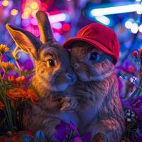 ai gegenereerd twee konijnen vervelend kleurrijk hoeden knuffelen elk andere in een veld- van bloemen. foto