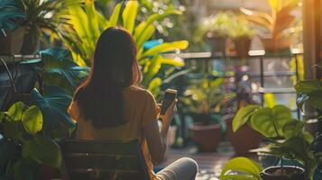 ai gegenereerd Daar zijn veel mooi weelderig binnen- planten Aan de balkon, en een vrouw is Holding een smartphone in haar hand. foto