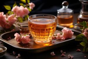 ai gegenereerd kop van aromatisch thee met vers rozen bloemen Aan de tafel. biologisch en natuurlijk, kruiden heet gezond drank. foto