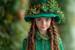 ai gegenereerd een weinig meisje vervelend de heilige Patrick dag kostuum, vieren de carnaval in eer van de nationaal Iers vakantie, Ierland festival Aan wazig achtergrond. st. Patrick dag concept. foto