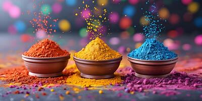ai gegenereerd kleurrijk holi poeder kleuren in een kommen met plons. gelukkig holi Indisch festival dahan banier concept. foto