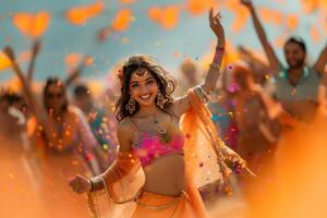 ai gegenereerd jong en gelukkig Hindoe Indisch vrouw in nationaal Indisch sari kleren dansen en vieren holi festival Dahan. helder kleurrijk poeder verf achtergrond. foto