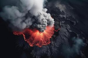 ai gegenereerd vulkaan berg uitbarsting met rook en vurig lava, top visie. foto
