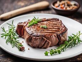 ai gegenereerd aangebraden naar perfectie, een sappig steak regeert opperste Aan een wit bord, omringd door kleurrijk gegrild groenten. foto