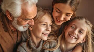 ai gegenereerd portret van glimlachen multigenerationeel familie. ai gegenereerd. foto