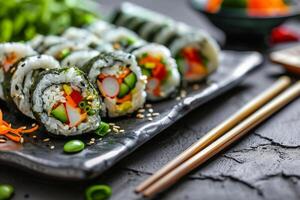 ai gegenereerd vegetarisch broodjes, sushi, Aan een mooi steen bord. tafel met een getextureerde oppervlak. Japans, Aziatisch keuken. voedsel foto, detailopname. ai gegenereerd foto