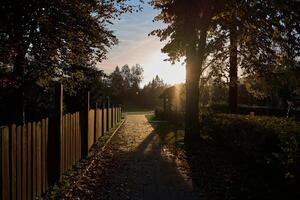 traject tussen de hek en de park Bij zonsondergang foto