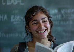 ai gegenereerd struikelen leerling tegen schoolbord. gemaakt door kunstmatig intelligentie. foto