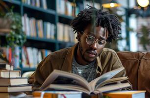 ai gegenereerd een Afro-Amerikaans leerling leest een boek. gemaakt door kunstmatig intelligentie. foto