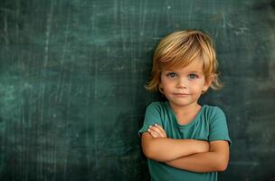 ai gegenereerd de jongen in voorkant van een schoolbord. gemaakt door kunstmatig intelligentie. foto