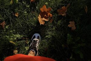 vrouw voet in een sneaker tegen een achtergrond van groen gras en oranje bladeren foto