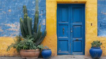 ai gegenereerd helder blauw cactus planten tegen een roze achtergrond. gegenereerd door kunstmatig intelligentie. foto