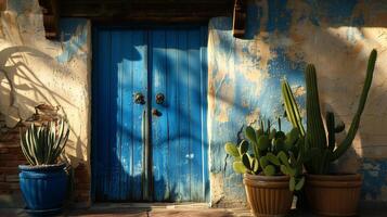 ai gegenereerd helder blauw cactus planten tegen een roze achtergrond. gegenereerd door kunstmatig intelligentie. foto