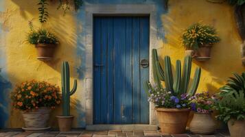 ai gegenereerd helder blauw cactus planten tegen een roze achtergrond. gegenereerd door kunstmatig intelligentie. foto