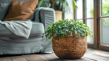 ai gegenereerd leven kamer met hout koffie tafel, kamerplant, en rieten mand foto