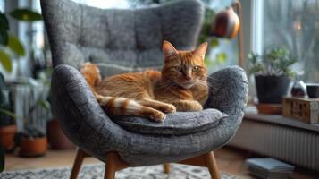 ai gegenereerd rood kat aan het liegen Aan grijs fauteuil in leven kamer foto