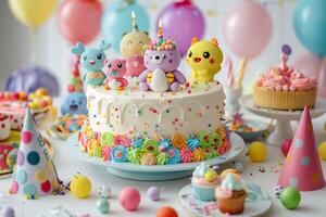 ai gegenereerd een speels en kleurrijk verjaardag taart versierd met charmant fondant tekens en levendig decoraties. generatief ai. foto