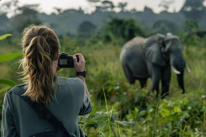 ai gegenereerd een vrouw fotograaf nemen fotografie Aan een dieren in het wild olifant. generatief ai. foto