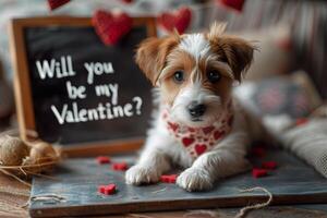 ai gegenereerd een schattig puppy hond met een bandana met rood harten, aan het liegen De volgende naar een schoolbord. generatief ai. foto