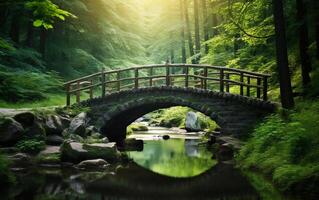 ai gegenereerd een brug over- een rivier- in een Woud foto