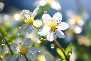 ai gegenereerd een zonnig voorjaar ochtend. bloemen Aan een Afdeling gedekt met dauw foto