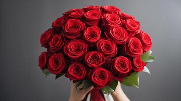 ai gegenereerd een groot boeket van rozen looks Leuk vinden een geschenk ontvangen van een minnaar Aan Valentijnsdag dag. generatief ai foto