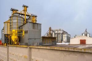 agro-industrieel complex met silo's en een zaad schoonmaak en drogen lijn voor graan opslagruimte in sneeuw van winter veld- foto