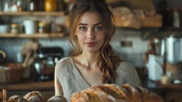 ai gegenereerd een vrouw staat in de keuken. foto