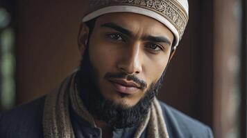 ai gegenereerd portret van een mooi jong moslim Mens, portret van een Mens, mooi moslim Mens foto