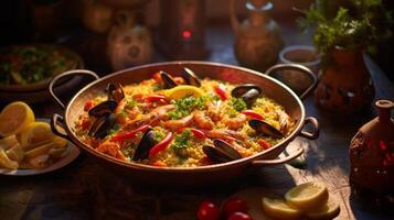 ai gegenereerd typisch Spaans zeevruchten paella in traditioneel pan. neurale netwerk ai gegenereerd foto