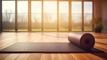 ai gegenereerd uitgerold yoga mat Aan houten verdieping in modern geschiktheid centrum of Bij huis met groot ramen. neurale netwerk ai gegenereerd foto