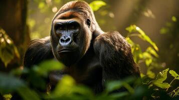 ai gegenereerd een zilverrug berg gorilla in een regenwoud. neurale netwerk ai gegenereerd foto