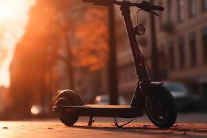 ai gegenereerd elektrisch scooter Aan de straat, zonsondergang tijd. neurale netwerk ai gegenereerd foto